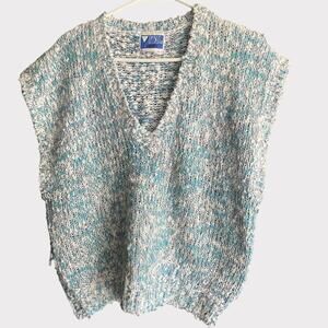 Vintage Vital Elements V Neck Sleeveless Blue Popcorn Sweater Vest Large